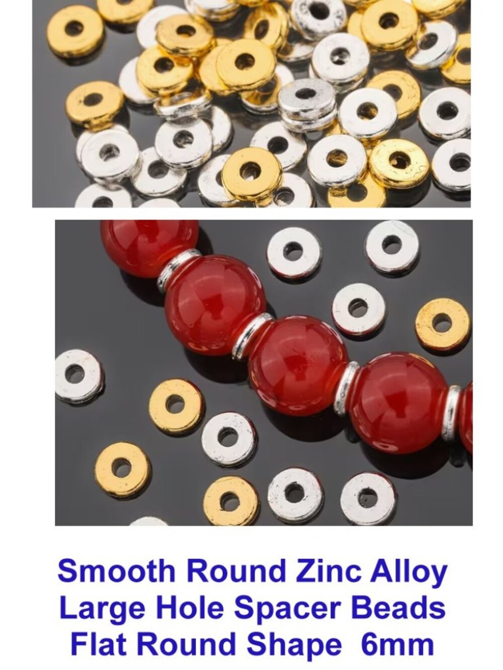 Smooth Round Zinc Alloy Large Hole Spacer Beads Flat Round Shape 120 Beads 6mm